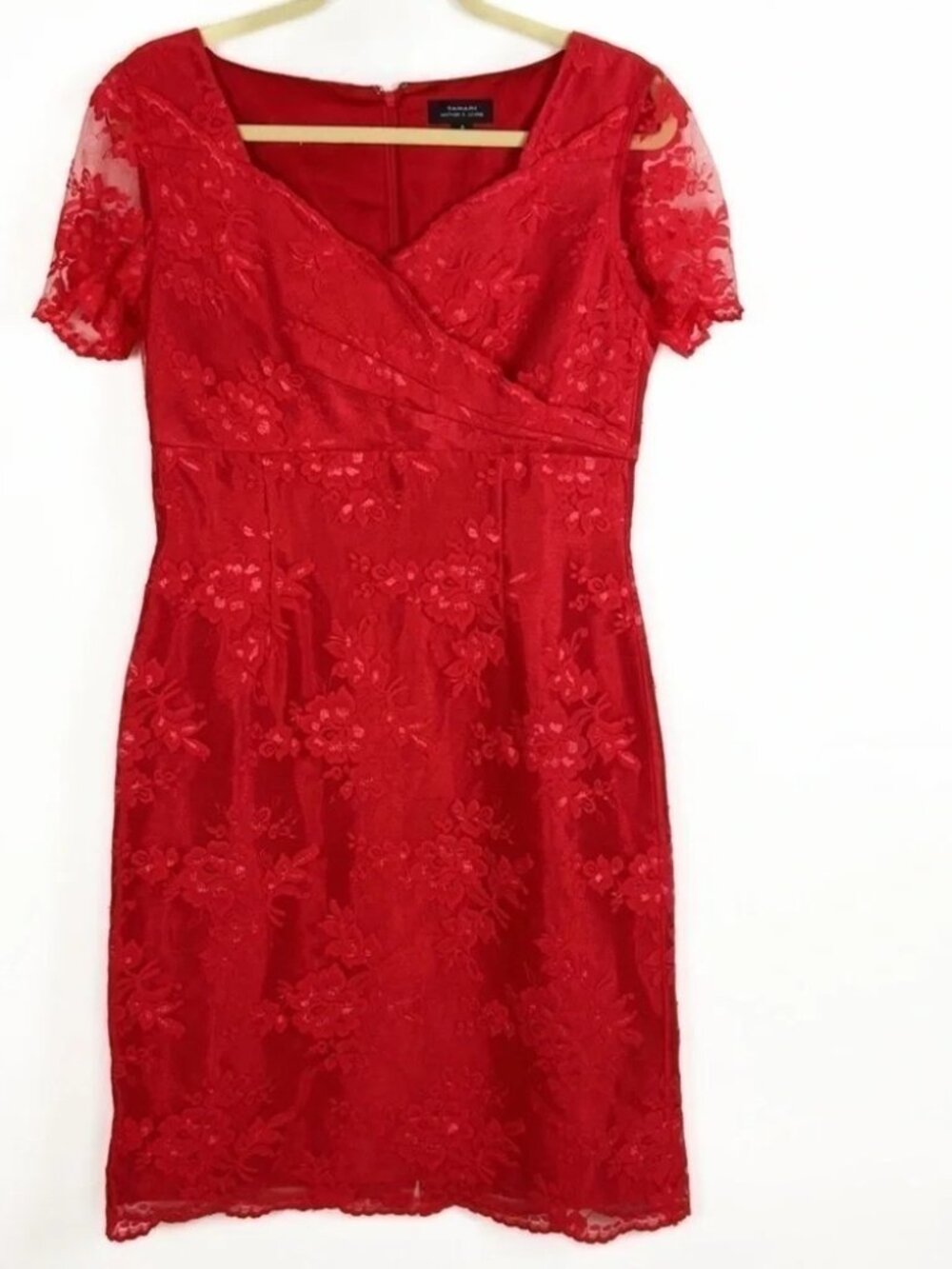 Tahari Red Lace Scalloped V-Neck Midi Dress with Short Sleeves